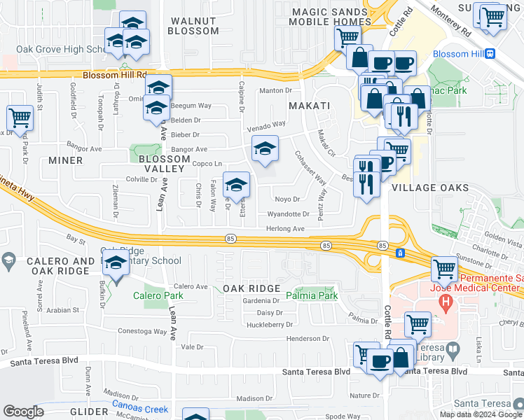 map of restaurants, bars, coffee shops, grocery stores, and more near 5864 Calpine Drive in San Jose