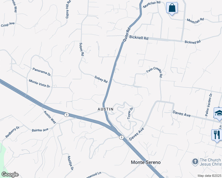 map of restaurants, bars, coffee shops, grocery stores, and more near 15390 Quito Road in Saratoga