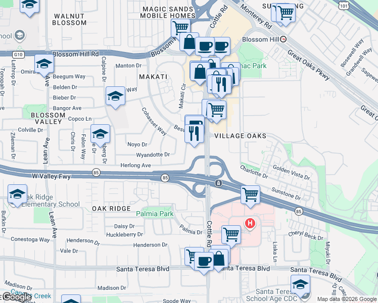 map of restaurants, bars, coffee shops, grocery stores, and more near 133 Herlong Avenue in San Jose