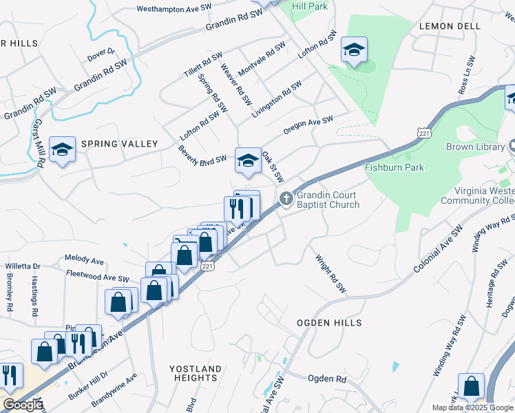 map of restaurants, bars, coffee shops, grocery stores, and more near 2801 Fleetwood Avenue Southwest in Roanoke