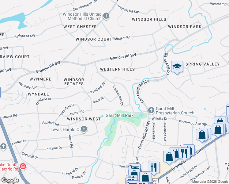 map of restaurants, bars, coffee shops, grocery stores, and more near 2621 Southwoods Drive in Roanoke