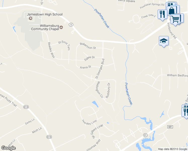 map of restaurants, bars, coffee shops, grocery stores, and more near 104 Market Street Court in Williamsburg