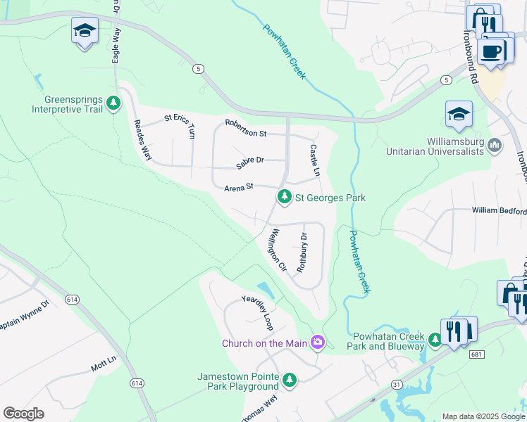 map of restaurants, bars, coffee shops, grocery stores, and more near 104 Market Street Court in Williamsburg