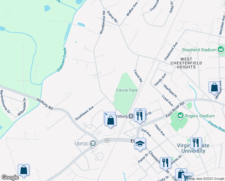 map of restaurants, bars, coffee shops, grocery stores, and more near 20505 Woodpecker Road in Ettrick