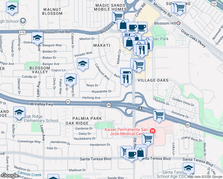 map of restaurants, bars, coffee shops, grocery stores, and more near 5868 Pentz Way in San Jose
