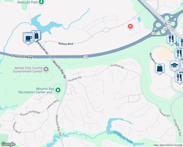 map of restaurants, bars, coffee shops, grocery stores, and more near 105 Daingerfield Road in Williamsburg