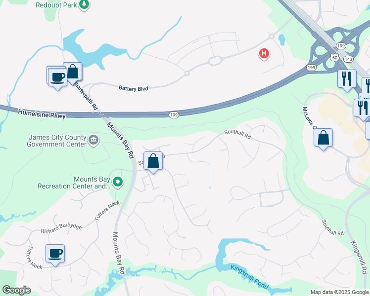 map of restaurants, bars, coffee shops, grocery stores, and more near 105 Daingerfield Road in Williamsburg