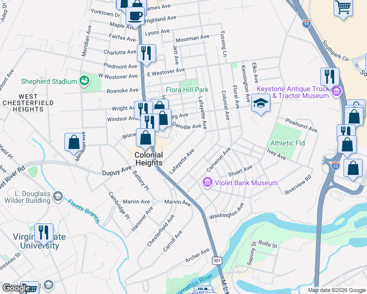 map of restaurants, bars, coffee shops, grocery stores, and more near 225 Lee Avenue in Colonial Heights