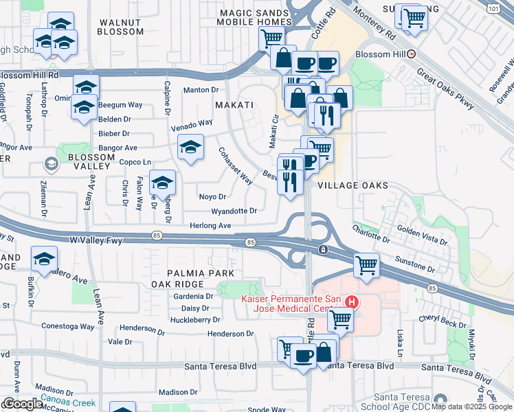map of restaurants, bars, coffee shops, grocery stores, and more near 167 Wyandotte Drive in San Jose