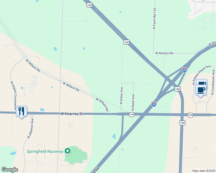 map of restaurants, bars, coffee shops, grocery stores, and more near 2541 North Eldon Avenue in Springfield