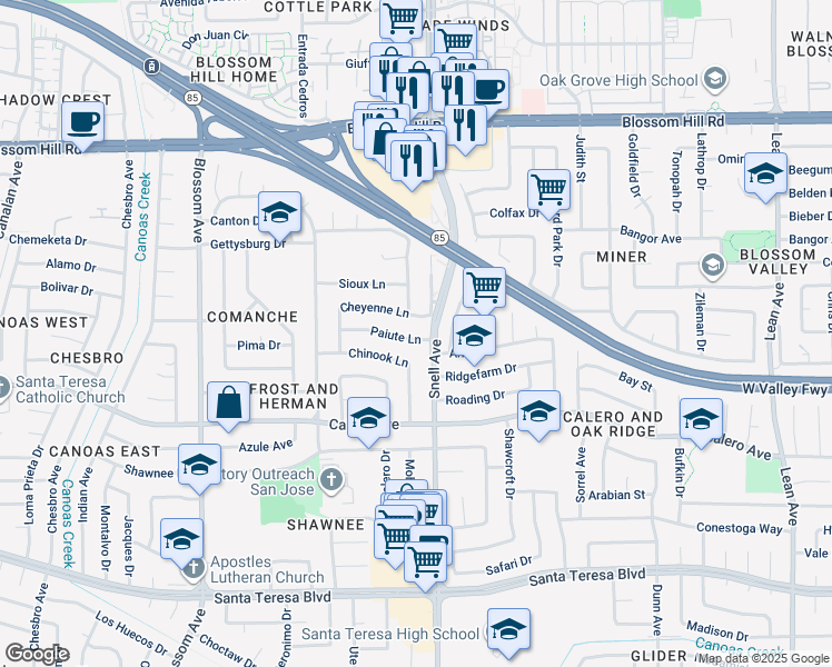 map of restaurants, bars, coffee shops, grocery stores, and more near 479 Paiute Lane in San Jose