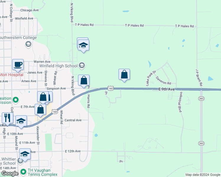 map of restaurants, bars, coffee shops, grocery stores, and more near East 9th Avenue in Winfield