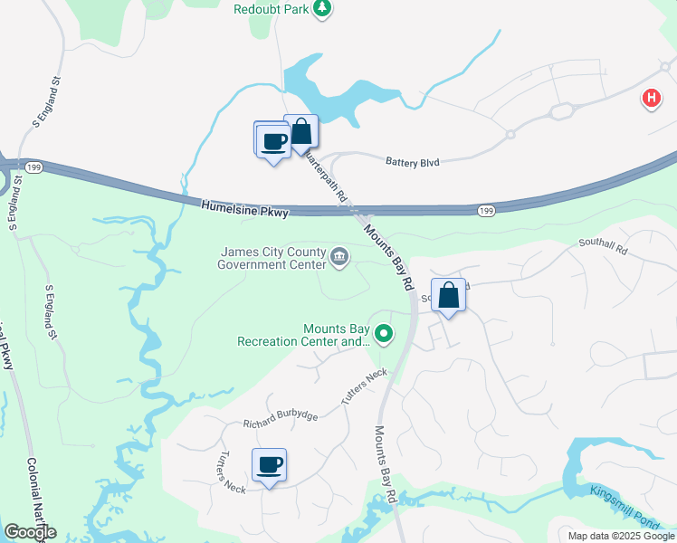 map of restaurants, bars, coffee shops, grocery stores, and more near 101 Mounts Bay Road in Williamsburg