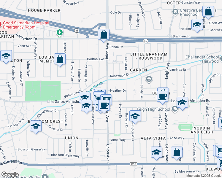 map of restaurants, bars, coffee shops, grocery stores, and more near 14981 Heather Drive in San Jose