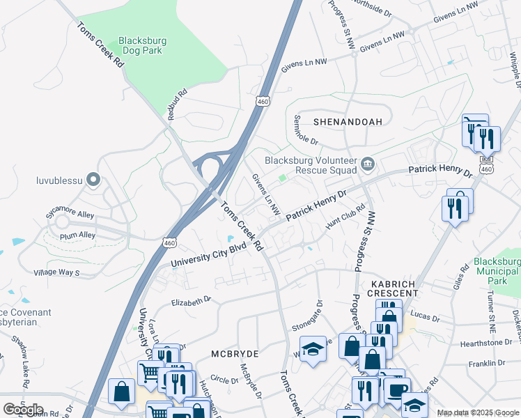 map of restaurants, bars, coffee shops, grocery stores, and more near 505 Sunridge Drive in Blacksburg