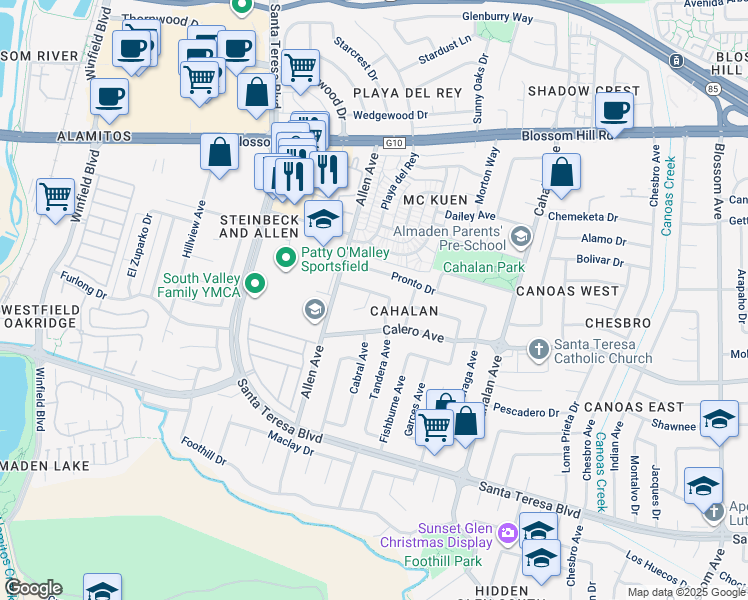 map of restaurants, bars, coffee shops, grocery stores, and more near 760 Terrazzo Drive in San Jose