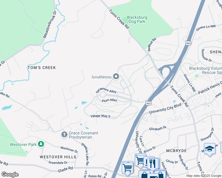 map of restaurants, bars, coffee shops, grocery stores, and more near 1725 Trillium Lane in Blacksburg