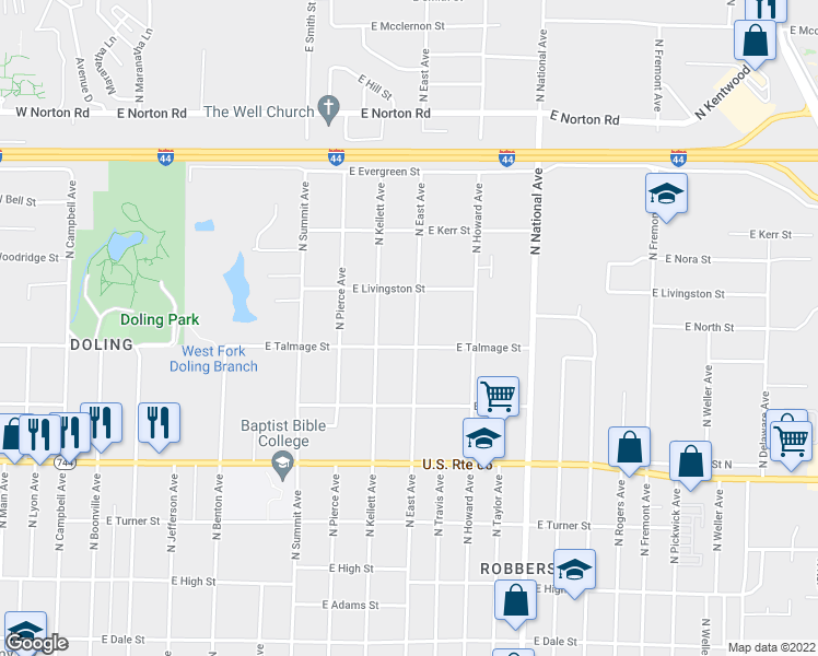 map of restaurants, bars, coffee shops, grocery stores, and more near 2617 North East Avenue in Springfield