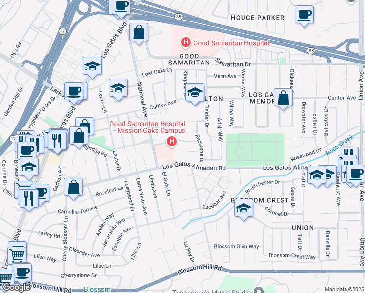map of restaurants, bars, coffee shops, grocery stores, and more near 350 De Soto Drive in Los Gatos