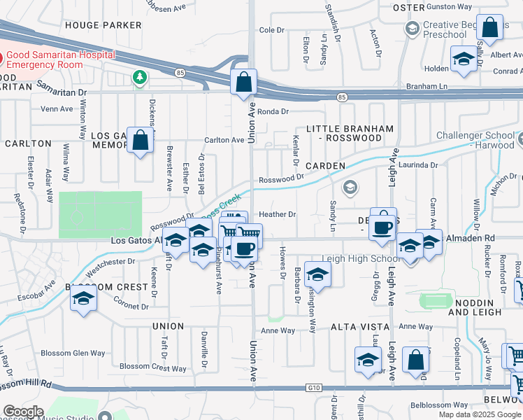 map of restaurants, bars, coffee shops, grocery stores, and more near 14981 Heather Drive in San Jose