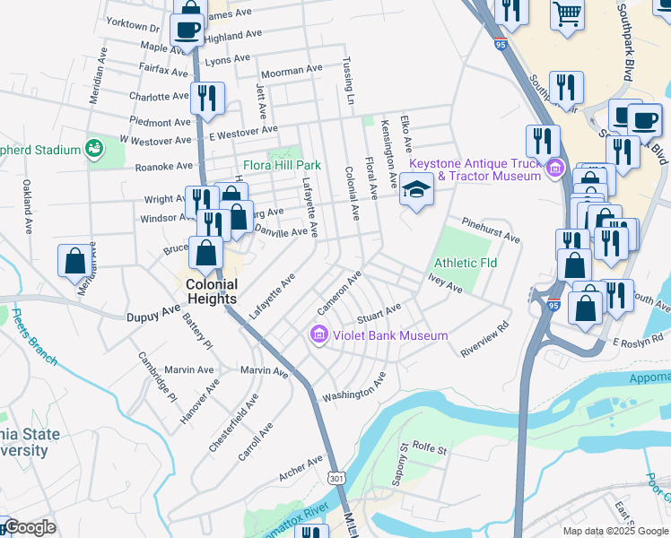 map of restaurants, bars, coffee shops, grocery stores, and more near 333 Hamilton Avenue in Colonial Heights