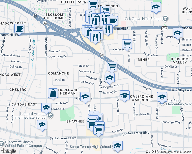 map of restaurants, bars, coffee shops, grocery stores, and more near 479 Paiute Lane in San Jose