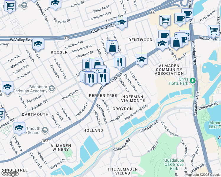 map of restaurants, bars, coffee shops, grocery stores, and more near 1327 Star Bush Lane in San Jose