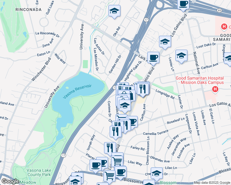 map of restaurants, bars, coffee shops, grocery stores, and more near 16155 Sunray Drive in Los Gatos