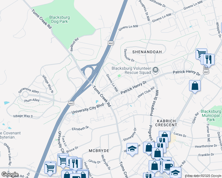 map of restaurants, bars, coffee shops, grocery stores, and more near 505 Sunridge Drive in Blacksburg