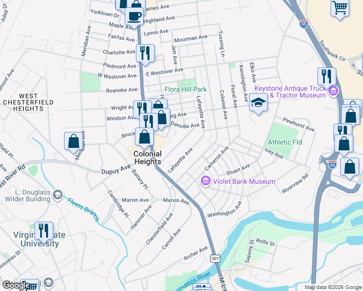 map of restaurants, bars, coffee shops, grocery stores, and more near 225 Lee Avenue in Colonial Heights