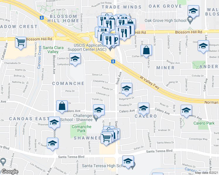 map of restaurants, bars, coffee shops, grocery stores, and more near 479 Paiute Lane in San Jose