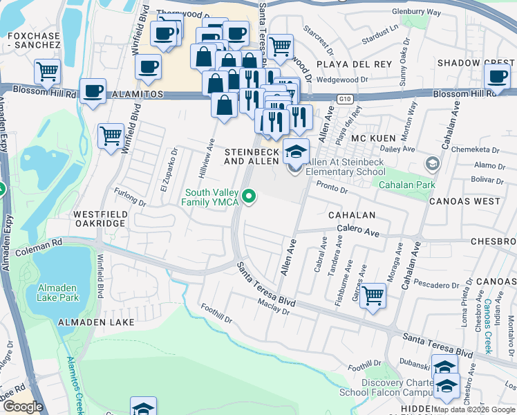 map of restaurants, bars, coffee shops, grocery stores, and more near 5845 Allen Avenue in San Jose