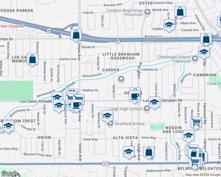 map of restaurants, bars, coffee shops, grocery stores, and more near 5115 Nerissa Way in San Jose