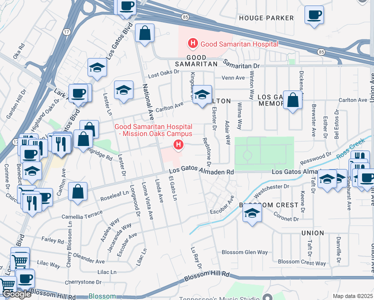 map of restaurants, bars, coffee shops, grocery stores, and more near 350 De Soto Drive in Los Gatos
