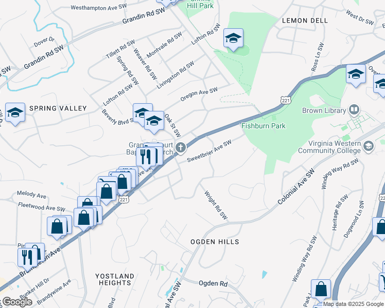 map of restaurants, bars, coffee shops, grocery stores, and more near 2621 Sweetbrier Avenue Southwest in Roanoke
