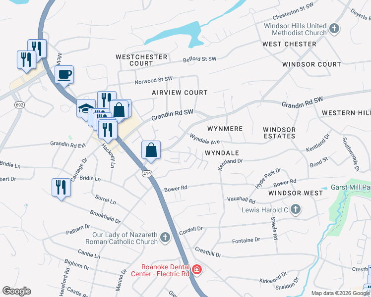 map of restaurants, bars, coffee shops, grocery stores, and more near 4627 Roxbury Lane in Cave Spring