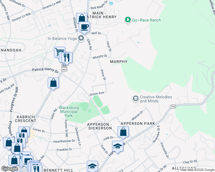 map of restaurants, bars, coffee shops, grocery stores, and more near 904 North Drive in Blacksburg