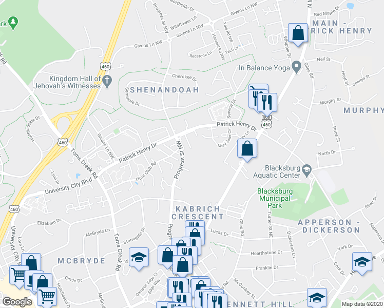 map of restaurants, bars, coffee shops, grocery stores, and more near in Blacksburg