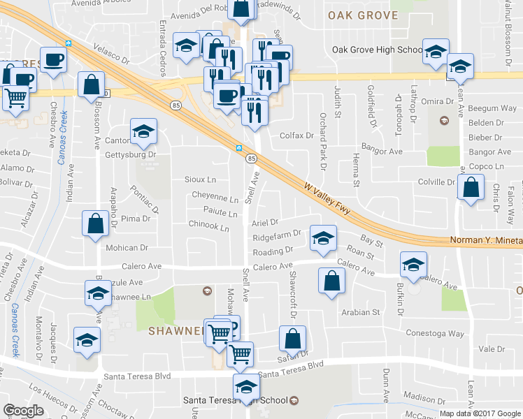 map of restaurants, bars, coffee shops, grocery stores, and more near 5786 Hillbright Circle in San Jose