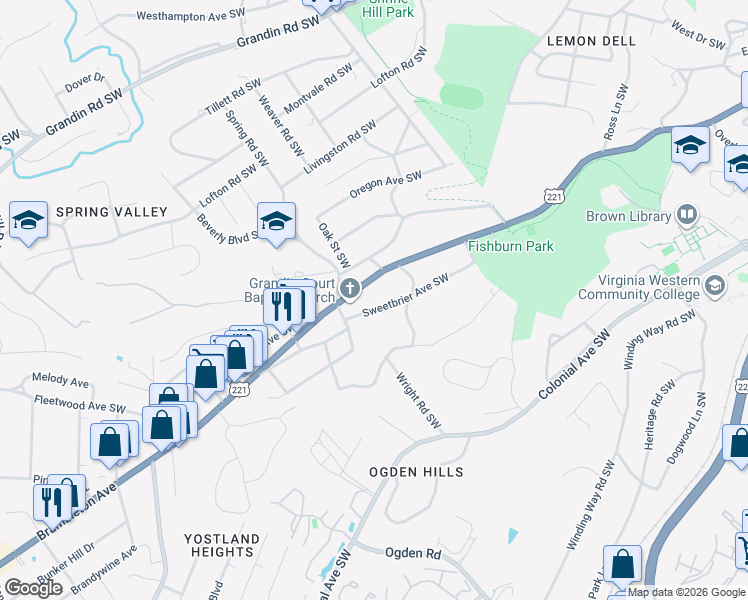 map of restaurants, bars, coffee shops, grocery stores, and more near 2621 Sweetbrier Avenue Southwest in Roanoke