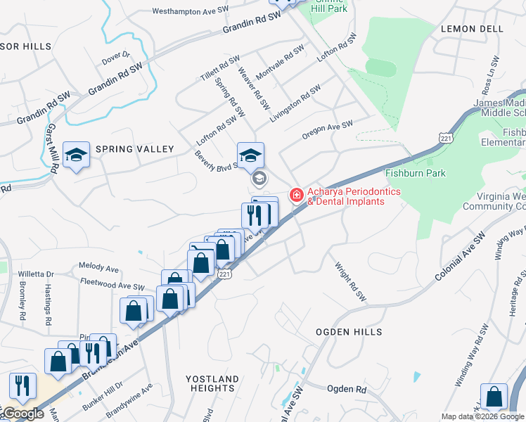 map of restaurants, bars, coffee shops, grocery stores, and more near 2807 Fleetwood Ave SW in Roanoke