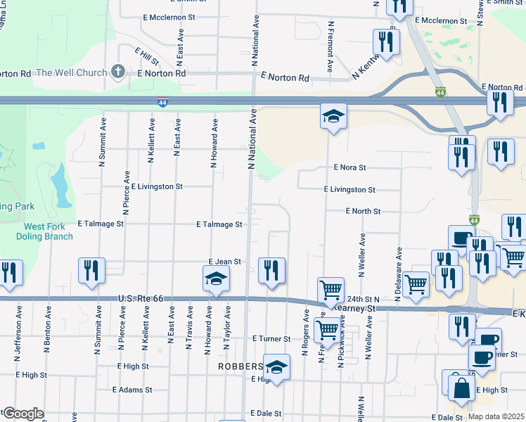 map of restaurants, bars, coffee shops, grocery stores, and more near 2618 North National Avenue in Springfield