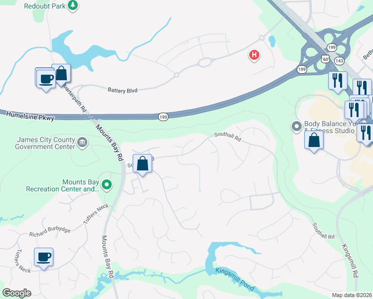 map of restaurants, bars, coffee shops, grocery stores, and more near 100 Daingerfield Road in Williamsburg