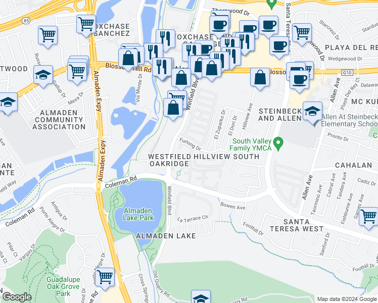 map of restaurants, bars, coffee shops, grocery stores, and more near 5879 Lake Almanor Drive in San Jose