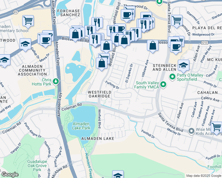 map of restaurants, bars, coffee shops, grocery stores, and more near 5879 Lake Almanor Drive in San Jose