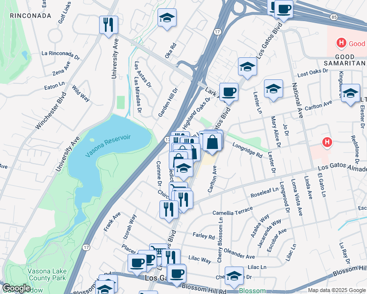 map of restaurants, bars, coffee shops, grocery stores, and more near 245 Garden Lane in Los Gatos