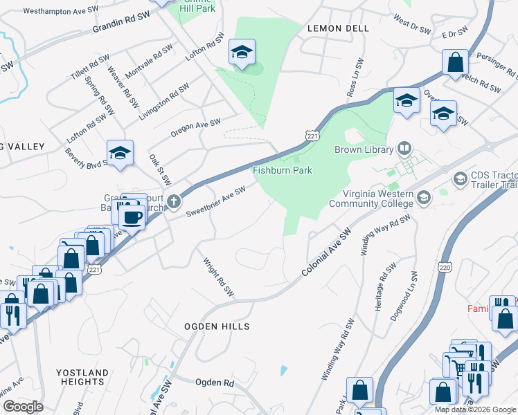 map of restaurants, bars, coffee shops, grocery stores, and more near 2519 Creston Avenue Southwest in Roanoke