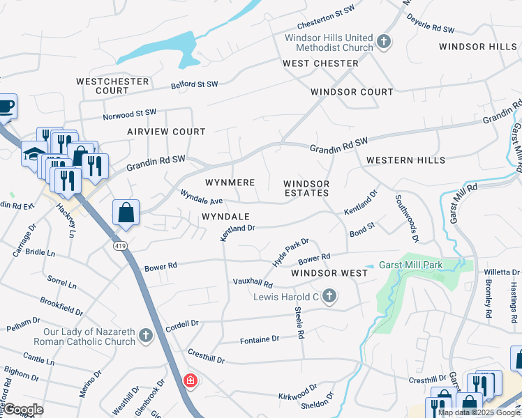 map of restaurants, bars, coffee shops, grocery stores, and more near 3790 Buckingham Drive in Roanoke