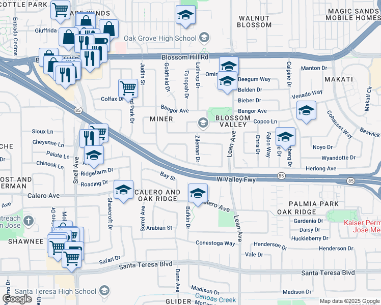 map of restaurants, bars, coffee shops, grocery stores, and more near 335 Mustang Street in San Jose