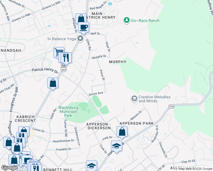 map of restaurants, bars, coffee shops, grocery stores, and more near 904 North Drive in Blacksburg